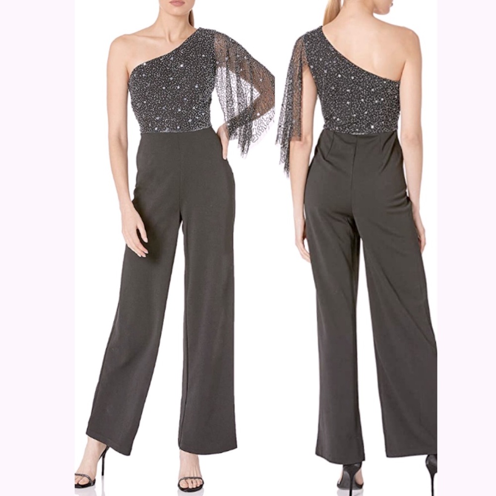 Adrianna Papell beaded one shoulder drape jumpsuit
